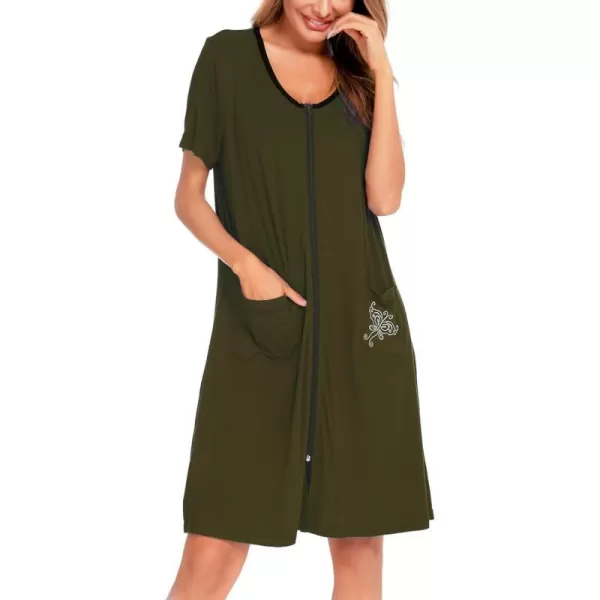 SWOMOG Womens Zip Up Housecoat Zipper Front Robe Lightweight Bathrobe Short Sleeve Loungewear Nightgowns with PocketsArmy Green