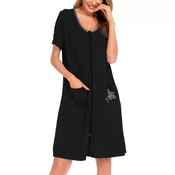 SWOMOG Womens Zip Up Housecoat Zipper Front Robe Lightweight Bathrobe Short Sleeve Loungewear Nightgowns with PocketsBlack