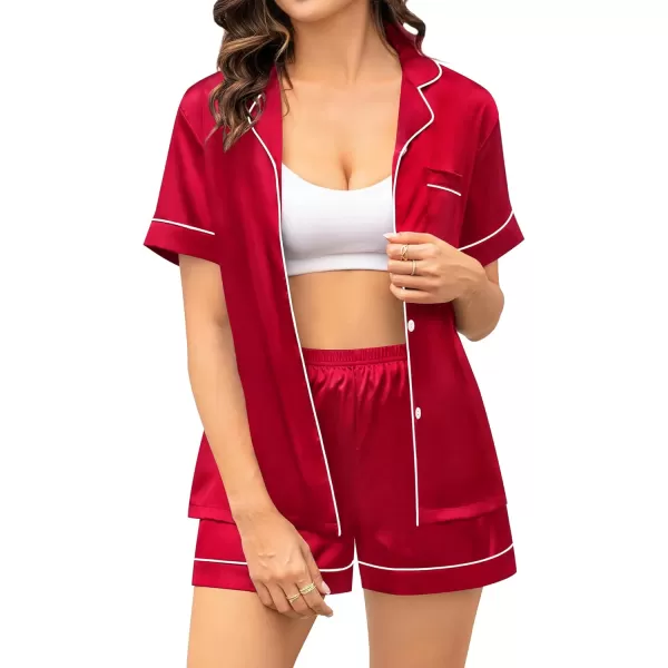 SWOMOG Couple Matching Pajamas Sets Button Down Silk Pjs Short Sleeve Soft Lounge Sets 2 Pcs LoungewearLight Red