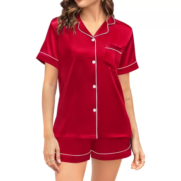 SWOMOG Couple Matching Pajamas Sets Button Down Silk Pjs Short Sleeve Soft Lounge Sets 2 Pcs LoungewearLight Red