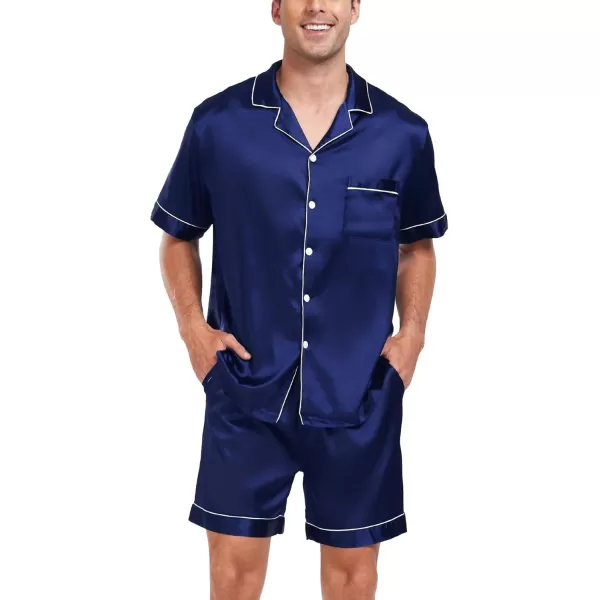 SWOMOG Couple Matching Pajamas Sets Button Down Silk Pjs Short Sleeve Soft Lounge Sets 2 Pcs LoungewearNavy Blue