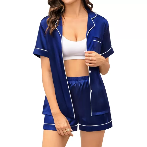 SWOMOG Couple Matching Pajamas Sets Button Down Silk Pjs Short Sleeve Soft Lounge Sets 2 Pcs LoungewearNavy Blue