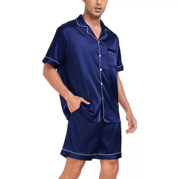 SWOMOG Couple Matching Pajamas Sets Button Down Silk Pjs Short Sleeve Soft Lounge Sets 2 Pcs LoungewearNavy Blue