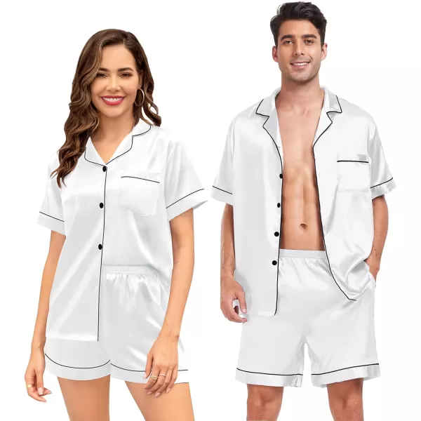 SWOMOG Couple Matching Pajamas Sets Button Down Silk Pjs Short Sleeve Soft Lounge Sets 2 Pcs LoungewearWhite