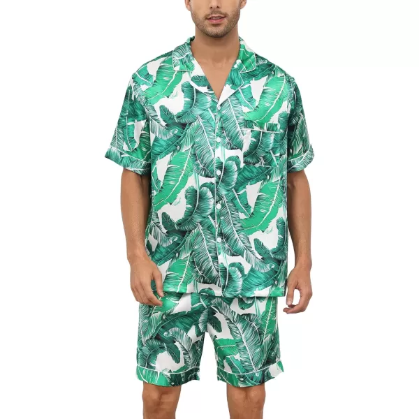 SWOMOG Couple Matching Pajamas Sets Button Down Silk Pjs Short Sleeve Soft Lounge Sets 2 Pcs LoungewearWhite Leaves