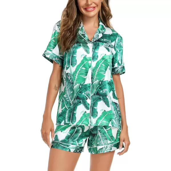 SWOMOG Couple Matching Pajamas Sets Button Down Silk Pjs Short Sleeve Soft Lounge Sets 2 Pcs LoungewearWhite Leaves