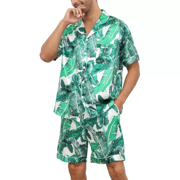 SWOMOG Couple Matching Pajamas Sets Button Down Silk Pjs Short Sleeve Soft Lounge Sets 2 Pcs LoungewearWhite Leaves