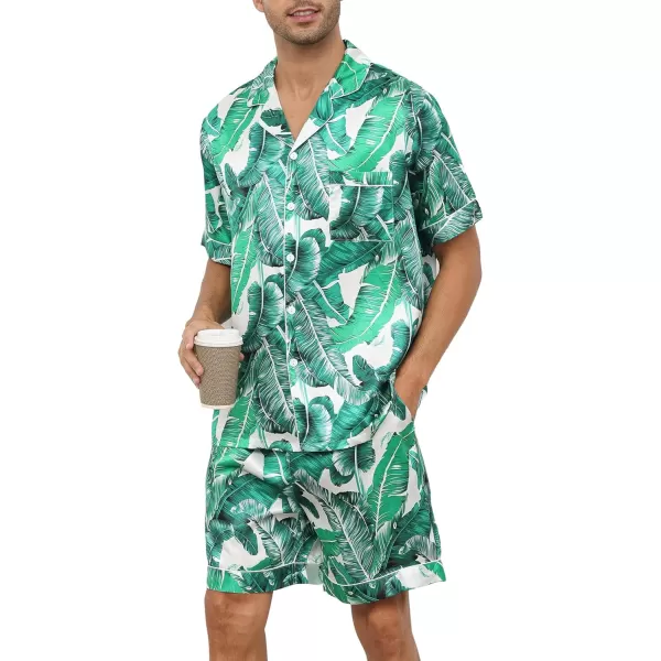 SWOMOG Couple Matching Pajamas Sets Button Down Silk Pjs Short Sleeve Soft Lounge Sets 2 Pcs LoungewearWhite Leaves