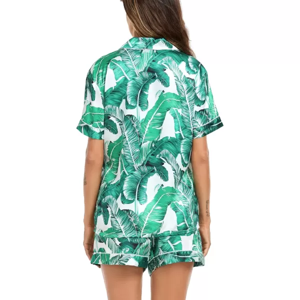SWOMOG Couple Matching Pajamas Sets Button Down Silk Pjs Short Sleeve Soft Lounge Sets 2 Pcs LoungewearWhite Leaves
