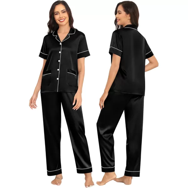 SWOMOG Couple Satin Matching Pajamas Sets Women ampamp Men Pjs Button Down Loungewear 2 PCS Short Sleeve Sleepwear with PantsBlack