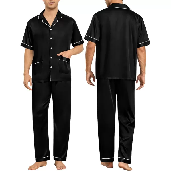 SWOMOG Couple Satin Matching Pajamas Sets Women ampamp Men Pjs Button Down Loungewear 2 PCS Short Sleeve Sleepwear with PantsBlack