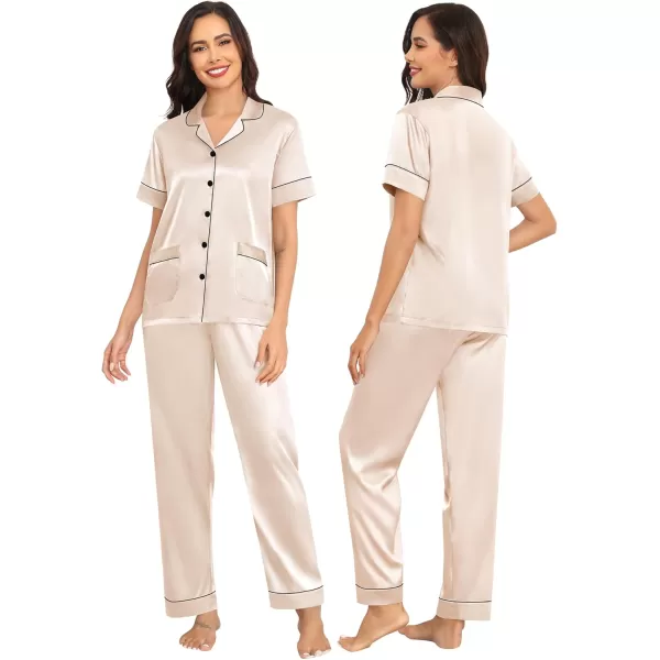 SWOMOG Couple Satin Matching Pajamas Sets Women ampamp Men Pjs Button Down Loungewear 2 PCS Short Sleeve Sleepwear with PantsChampagne