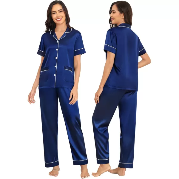 SWOMOG Couple Satin Matching Pajamas Sets Women ampamp Men Pjs Button Down Loungewear 2 PCS Short Sleeve Sleepwear with PantsNavy Blue