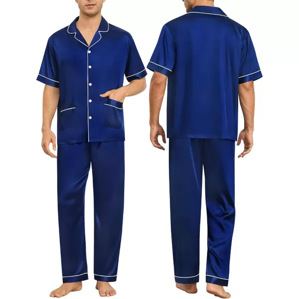 SWOMOG Couple Satin Matching Pajamas Sets Women ampamp Men Pjs Button Down Loungewear 2 PCS Short Sleeve Sleepwear with PantsNavy Blue