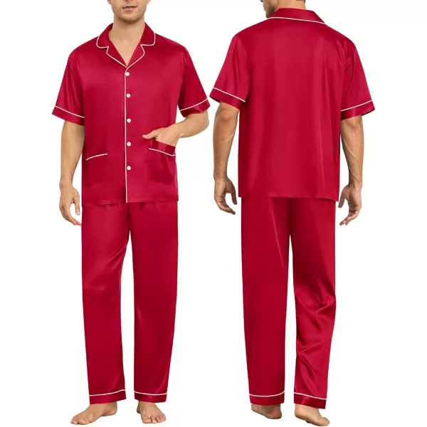 SWOMOG Couple Satin Matching Pajamas Sets Women ampamp Men Pjs Button Down Loungewear 2 PCS Short Sleeve Sleepwear with PantsRed