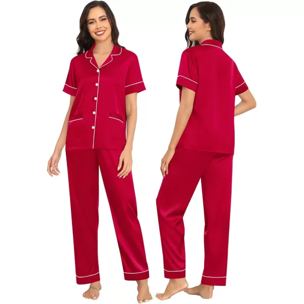 SWOMOG Couple Satin Matching Pajamas Sets Women ampamp Men Pjs Button Down Loungewear 2 PCS Short Sleeve Sleepwear with PantsRed