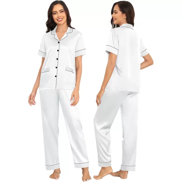 SWOMOG Couple Satin Matching Pajamas Sets Women ampamp Men Pjs Button Down Loungewear 2 PCS Short Sleeve Sleepwear with PantsWhite