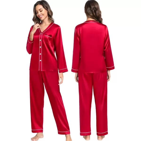 SWOMOG Couples Matching Pajamas Set Family Satin Long Sleeve Sleepwear Silk Button Down Nightwear Soft 2 Pieces LoungewearApple Red