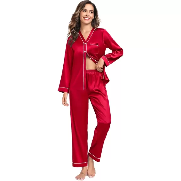 SWOMOG Couples Matching Pajamas Set Family Satin Long Sleeve Sleepwear Silk Button Down Nightwear Soft 2 Pieces LoungewearApple Red