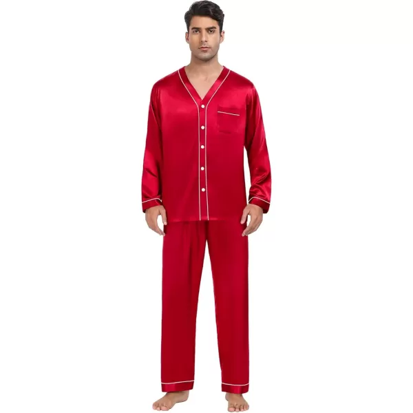 SWOMOG Couples Matching Pajamas Set Family Satin Long Sleeve Sleepwear Silk Button Down Nightwear Soft 2 Pieces LoungewearApple Red