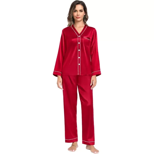 SWOMOG Couples Matching Pajamas Set Family Satin Long Sleeve Sleepwear Silk Button Down Nightwear Soft 2 Pieces LoungewearApple Red