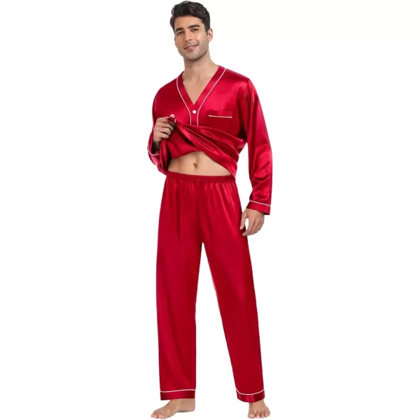 SWOMOG Couples Matching Pajamas Set Family Satin Long Sleeve Sleepwear Silk Button Down Nightwear Soft 2 Pieces LoungewearApple Red