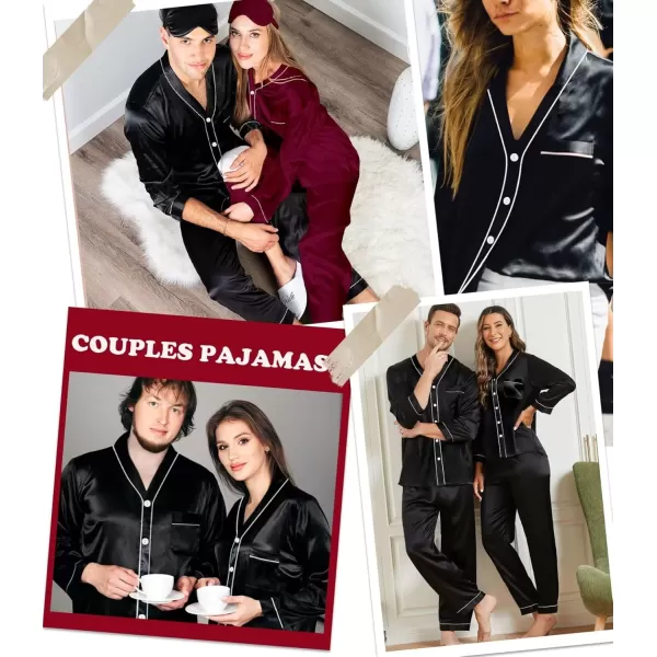 SWOMOG Couples Matching Pajamas Set Family Satin Long Sleeve Sleepwear Silk Button Down Nightwear Soft 2 Pieces LoungewearBlack