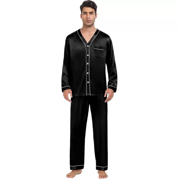 SWOMOG Couples Matching Pajamas Set Family Satin Long Sleeve Sleepwear Silk Button Down Nightwear Soft 2 Pieces LoungewearBlack