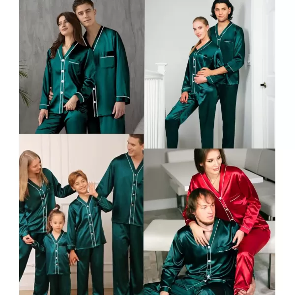 SWOMOG Couples Matching Pajamas Set Family Satin Long Sleeve Sleepwear Silk Button Down Nightwear Soft 2 Pieces LoungewearDark Green