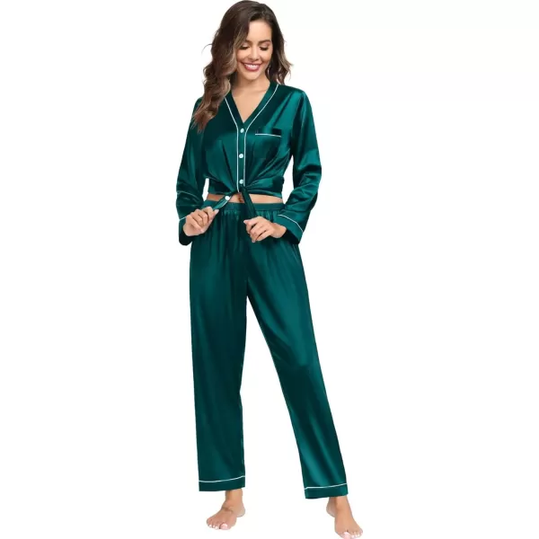 SWOMOG Couples Matching Pajamas Set Family Satin Long Sleeve Sleepwear Silk Button Down Nightwear Soft 2 Pieces LoungewearDark Green