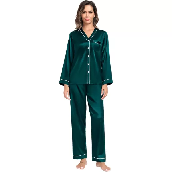 SWOMOG Couples Matching Pajamas Set Family Satin Long Sleeve Sleepwear Silk Button Down Nightwear Soft 2 Pieces LoungewearDark Green