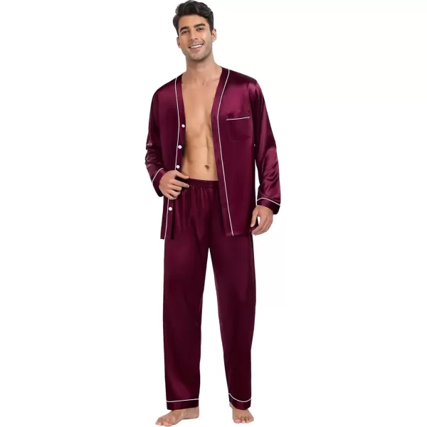 SWOMOG Couples Matching Pajamas Set Family Satin Long Sleeve Sleepwear Silk Button Down Nightwear Soft 2 Pieces LoungewearDark Wine Red