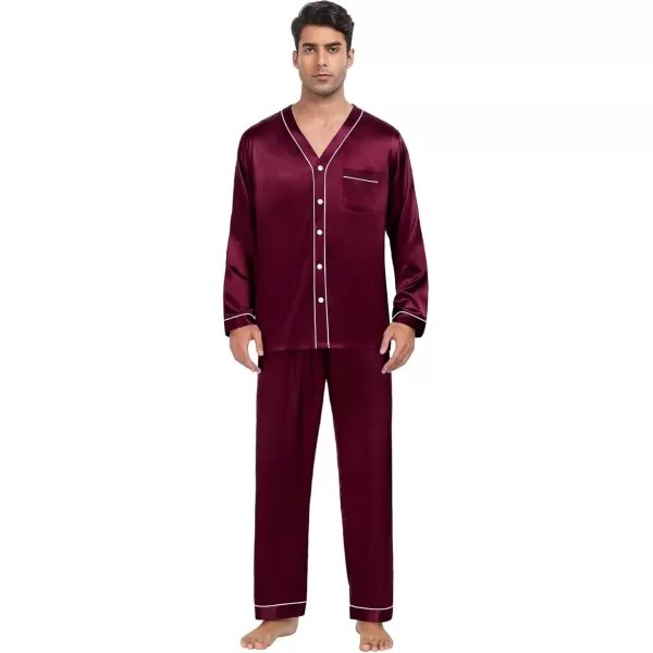 SWOMOG Couples Matching Pajamas Set Family Satin Long Sleeve Sleepwear Silk Button Down Nightwear Soft 2 Pieces LoungewearDark Wine Red