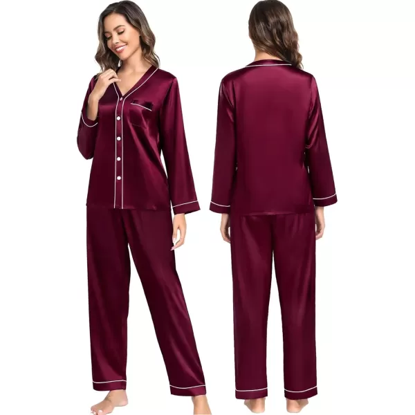 SWOMOG Couples Matching Pajamas Set Family Satin Long Sleeve Sleepwear Silk Button Down Nightwear Soft 2 Pieces LoungewearDark Wine Red