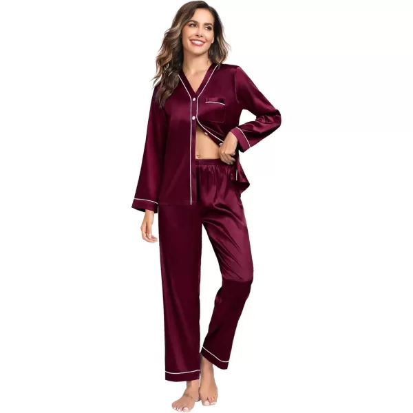 SWOMOG Couples Matching Pajamas Set Family Satin Long Sleeve Sleepwear Silk Button Down Nightwear Soft 2 Pieces LoungewearDark Wine Red