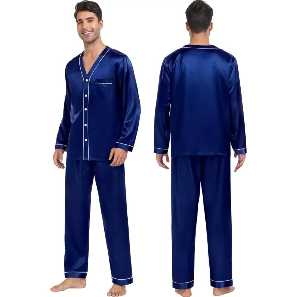 SWOMOG Couples Matching Pajamas Set Family Satin Long Sleeve Sleepwear Silk Button Down Nightwear Soft 2 Pieces LoungewearNavy Blue