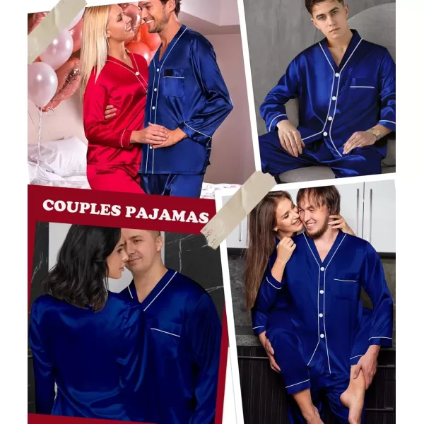 SWOMOG Couples Matching Pajamas Set Family Satin Long Sleeve Sleepwear Silk Button Down Nightwear Soft 2 Pieces LoungewearNavy Blue