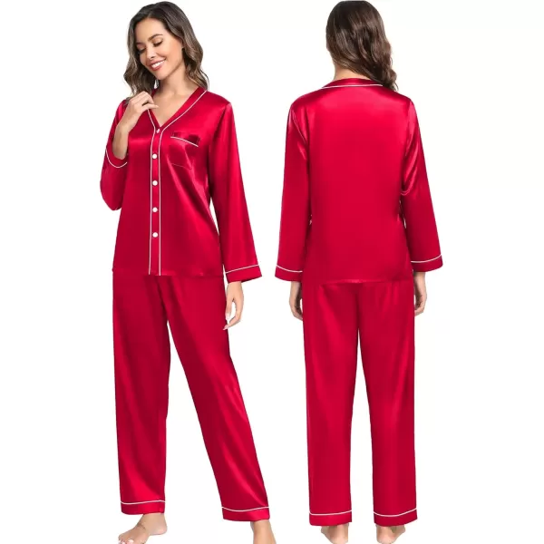 SWOMOG Couples Matching Pajamas Set Family Satin Long Sleeve Sleepwear Silk Button Down Nightwear Soft 2 Pieces LoungewearRed