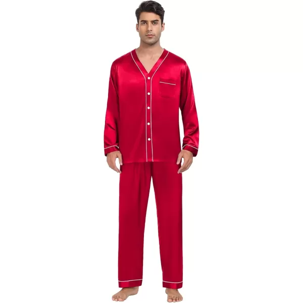 SWOMOG Couples Matching Pajamas Set Family Satin Long Sleeve Sleepwear Silk Button Down Nightwear Soft 2 Pieces LoungewearRed