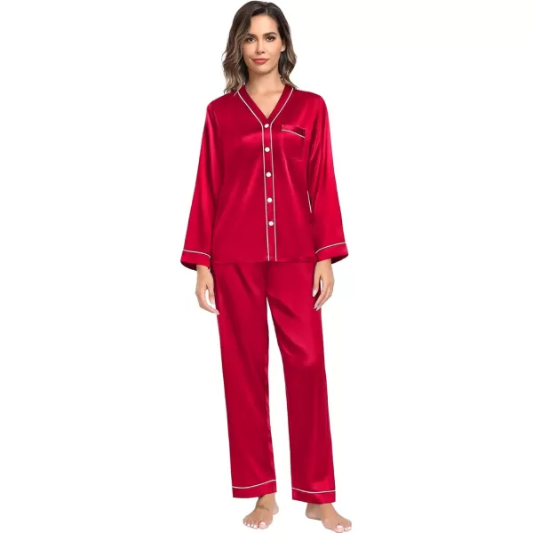 SWOMOG Couples Matching Pajamas Set Family Satin Long Sleeve Sleepwear Silk Button Down Nightwear Soft 2 Pieces LoungewearRed