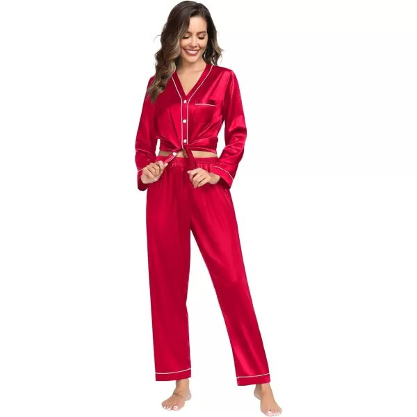 SWOMOG Couples Matching Pajamas Set Family Satin Long Sleeve Sleepwear Silk Button Down Nightwear Soft 2 Pieces LoungewearRed