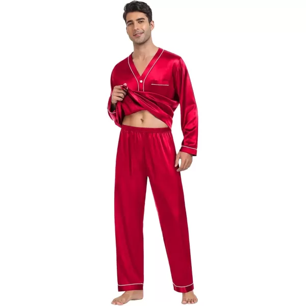 SWOMOG Couples Matching Pajamas Set Family Satin Long Sleeve Sleepwear Silk Button Down Nightwear Soft 2 Pieces LoungewearRed