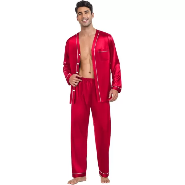 SWOMOG Couples Matching Pajamas Set Family Satin Long Sleeve Sleepwear Silk Button Down Nightwear Soft 2 Pieces LoungewearRed