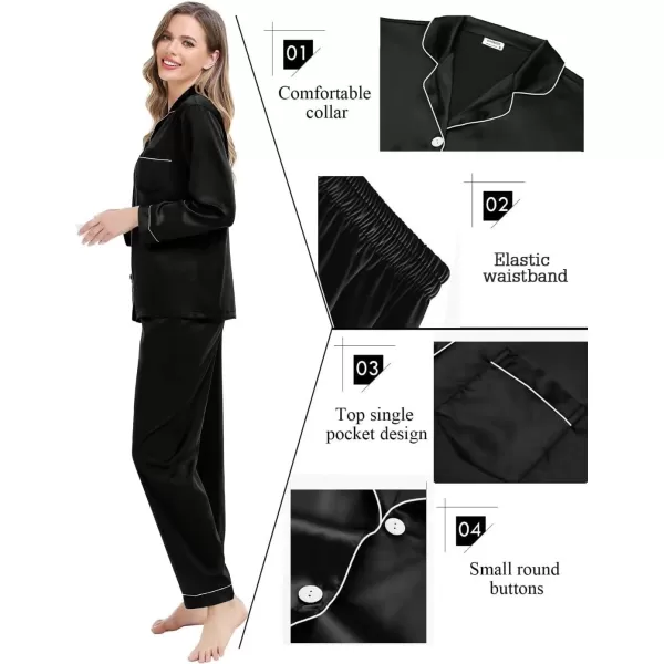 SWOMOG Couples Matching Pajamas Set Silk Satin Long Sleeve Sleepwear Soft Button Down Loungewear Pj SetBlack