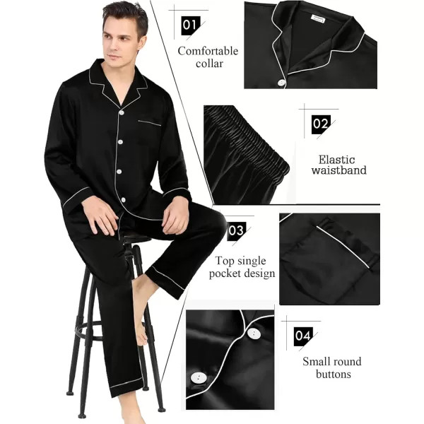 SWOMOG Couples Matching Pajamas Set Silk Satin Long Sleeve Sleepwear Soft Button Down Loungewear Pj SetBlack