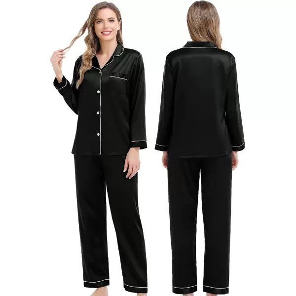 SWOMOG Couples Matching Pajamas Set Silk Satin Long Sleeve Sleepwear Soft Button Down Loungewear Pj SetBlack