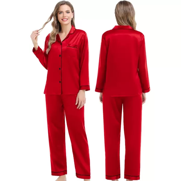 SWOMOG Couples Matching Pajamas Set Silk Satin Long Sleeve Sleepwear Soft Button Down Loungewear Pj SetCandy Red