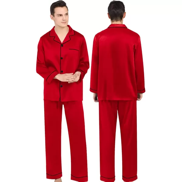 SWOMOG Couples Matching Pajamas Set Silk Satin Long Sleeve Sleepwear Soft Button Down Loungewear Pj SetCandy Red