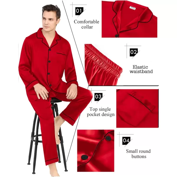 SWOMOG Couples Matching Pajamas Set Silk Satin Long Sleeve Sleepwear Soft Button Down Loungewear Pj SetCandy Red