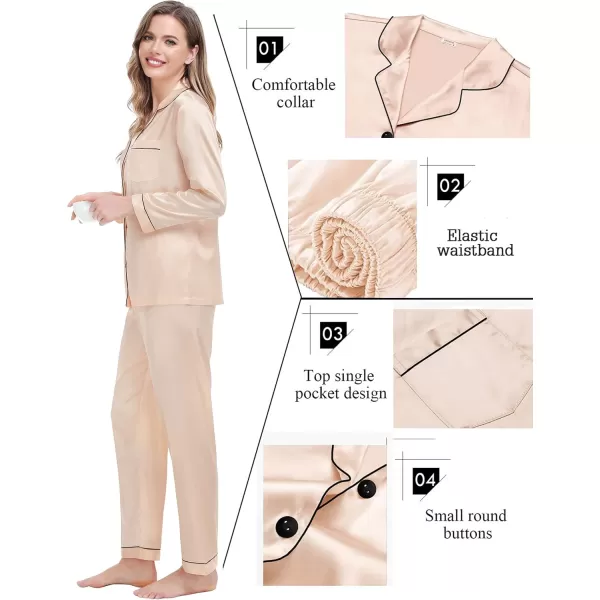 SWOMOG Couples Matching Pajamas Set Silk Satin Long Sleeve Sleepwear Soft Button Down Loungewear Pj SetChampagne